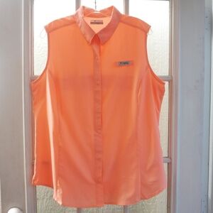 Columbia PFG Coral Orange Color Snap Button Up Collared Sleeveless Top